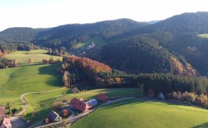 Alexenhof mit dem Dorf und Wallfahrtskirche St. Roman im Hintergrund